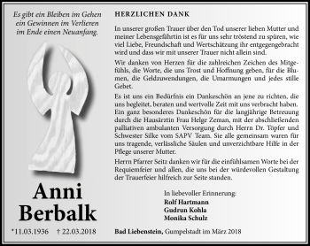 Traueranzeige von Anni Berbalk von Südthüringer Presse