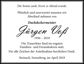 Traueranzeige von Jürgen Voß von Südthüringer Presse