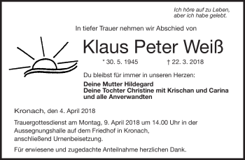 Traueranzeige von Klaus Peter Weiß von Neue Presse Coburg