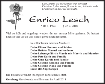 Traueranzeige von Enrico Lesch von Südthüringer Presse