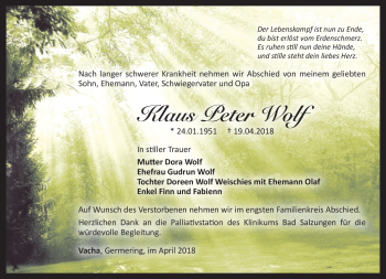 Traueranzeige von Klaus Peter Wolf von Südthüringer Presse