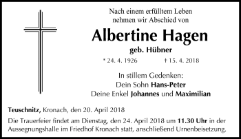 Traueranzeige von Albertine Hagen von Neue Presse Coburg
