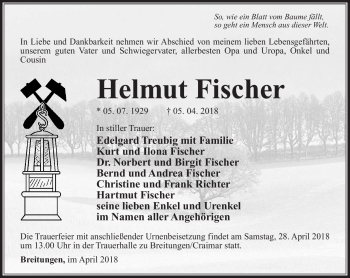 Traueranzeige von Helmut Fischer von Südthüringer Presse