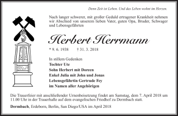 Traueranzeige von Herbert Hermann von Südthüringer Presse