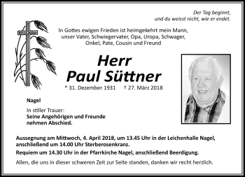 Traueranzeige von Paul Süttner von Frankenpost