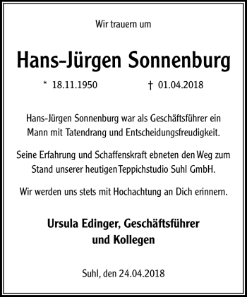 Traueranzeige von Hans-Jürgen Sonneburg von Südthüringer Presse