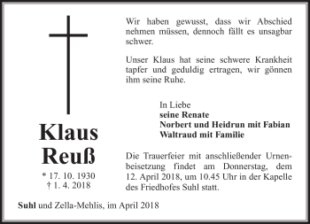 Traueranzeige von Klaus Reuß von Südthüringer Presse