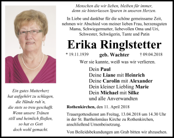 Traueranzeige von Erika Ringlstetter von Neue Presse Coburg