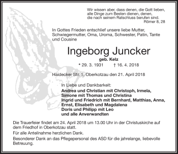 Traueranzeige von Ingeborg Juncker von Frankenpost