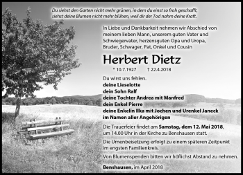 Traueranzeige von Herbert Deitz von Südthüringer Presse