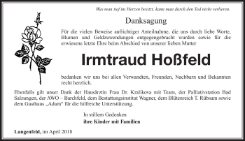 Traueranzeige von Irmtraud Hoßfeld von Südthüringer Presse