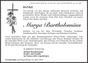 Traueranzeige von Marga Bartholomäus von Südthüringer Presse