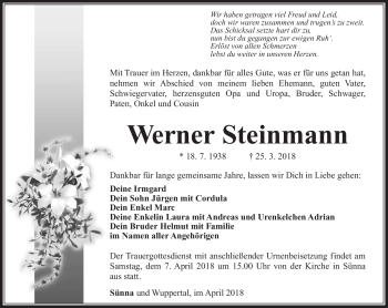 Traueranzeige von Werner Steinmann von Südthüringer Presse