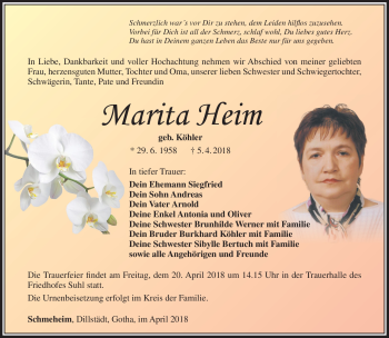 Traueranzeige von Marita Heim von Südthüringer Presse