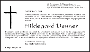 Traueranzeige von Hildegard Denner von Südthüringer Presse