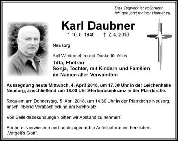 Traueranzeige von Karl Daubner von Frankenpost