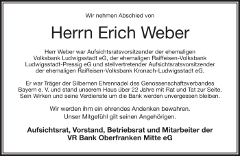 Traueranzeige von Erich Weber von Frankenpost