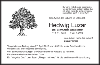 Traueranzeige von Hedwig Luzar von Frankenpost