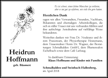 Traueranzeige von Heidrun Hoffmann von Südthüringer Presse