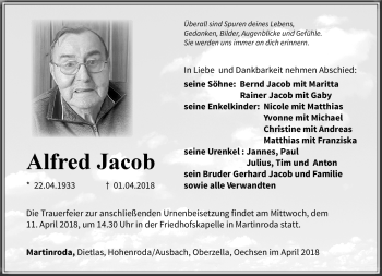Traueranzeige von Alfred Jacob von Südthüringer Presse