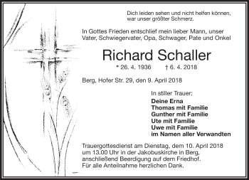 Traueranzeige von Richard Schaller von Frankenpost