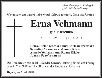 Traueranzeige von Erna Vehmann von Südthüringer Presse
