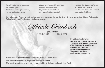 Traueranzeige von Elfriede Grünbeck von Neue Presse Coburg