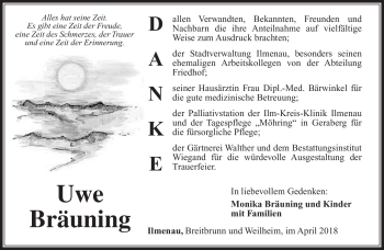 Traueranzeige von Uwe Bräuning von Südthüringer Presse