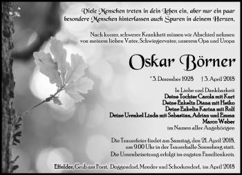 Traueranzeige von Oskar Börner von Südthüringer Presse