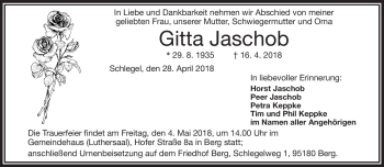 Traueranzeige von Gitta Jaschob von Frankenpost
