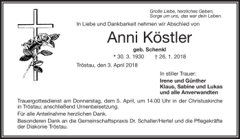Traueranzeige von Anni Köstler von Frankenpost
