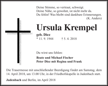 Traueranzeige von Ursula Krempel von Südthüringer Presse
