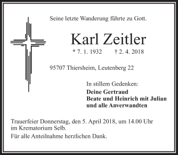 Traueranzeige von Karl Zeitler von Frankenpost