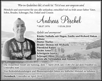 Traueranzeige von Andreas Pöschel von Südthüringer Presse