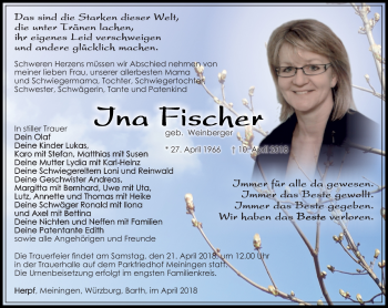 Traueranzeige von Ina Fischer von Südthüringer Presse