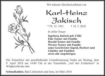 Traueranzeige von Karl-Heinz Jäkisch von Südthüringer Presse