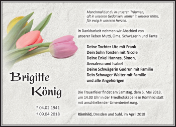 Traueranzeige von Brigitte König von Südthüringer Presse