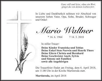 Traueranzeige von Mario Wallner von Südthüringer Presse