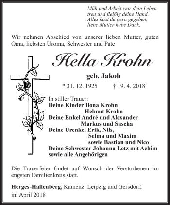 Traueranzeige von Hella Krohn von Südthüringer Presse