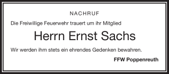 Traueranzeige von Ernst Sachs von Frankenpost