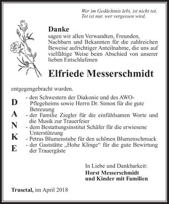 Traueranzeige von Elfriede Messerschmidt von Südthüringer Presse