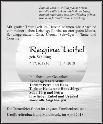 Traueranzeige von Regine Teifel von Südthüringer Presse
