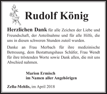 Traueranzeige von Rudolf König von Südthüringer Presse