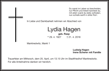 Traueranzeige von Lydia Hagen von Frankenpost
