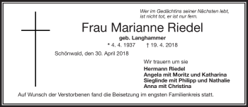 Traueranzeige von Marianne Riedel von Frankenpost