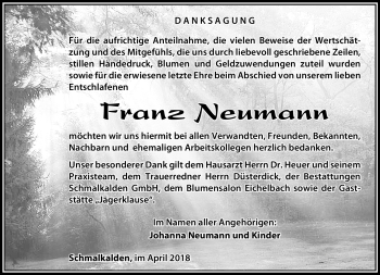 Traueranzeige von Franz Neumann von Südthüringer Presse