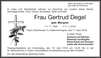 Traueranzeige von Gertrud Degel von Frankenpost