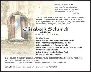 Traueranzeige von Elisabeth Schmidt von Südthüringer Presse