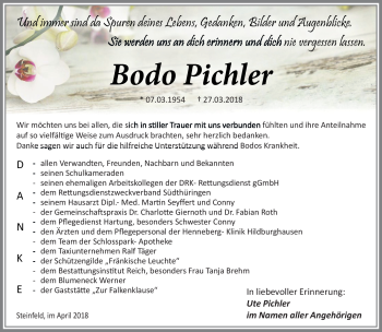 Traueranzeige von Bodo Pichler von Südthüringer Presse