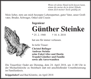 Traueranzeige von Günther Steinke von Südthüringer Presse